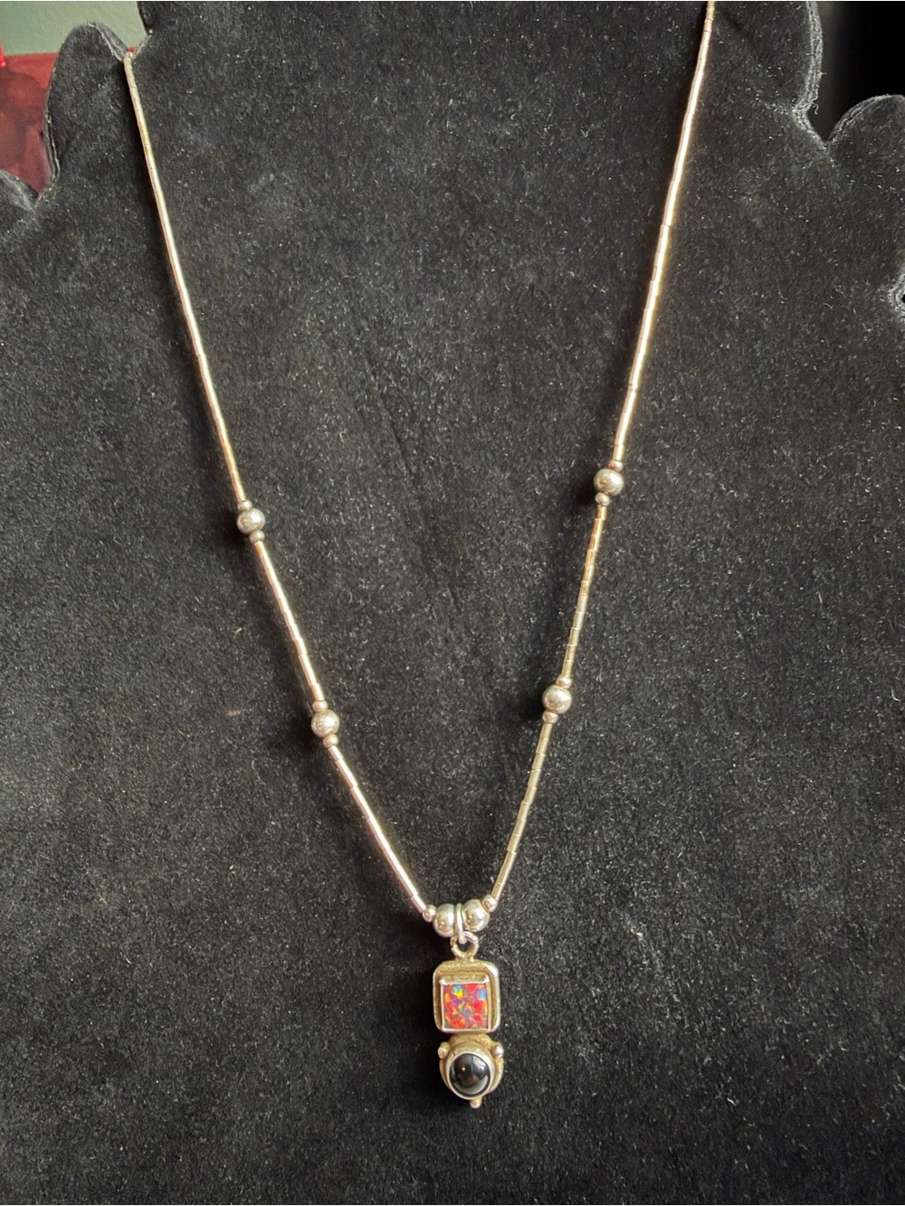 Vintage 5 Star Sterling Silver Fire Opal Onyx Southwestern Necklace 16”